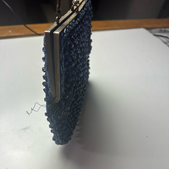 Walborg Vintage Gorgeous Blue Jeweled Silk Satin Liner Kiss Closure Clutch Purse - Picture 8 of 15